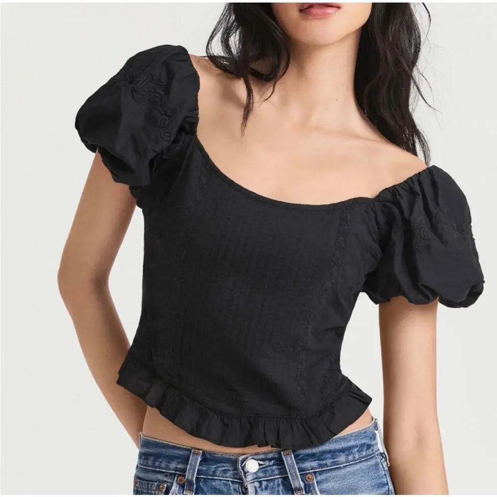 LoveShackFancy Breonna Corset Crop Top Square Neck Dark Romantic Ruffle - Size 2